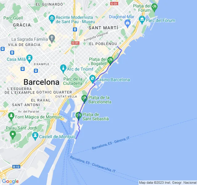Mappa del percorso di corsa lungo la costa di Barcellona