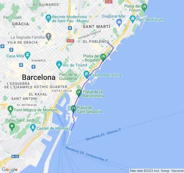 Mappa del percorso di corsa lungo la costa di Barcellona