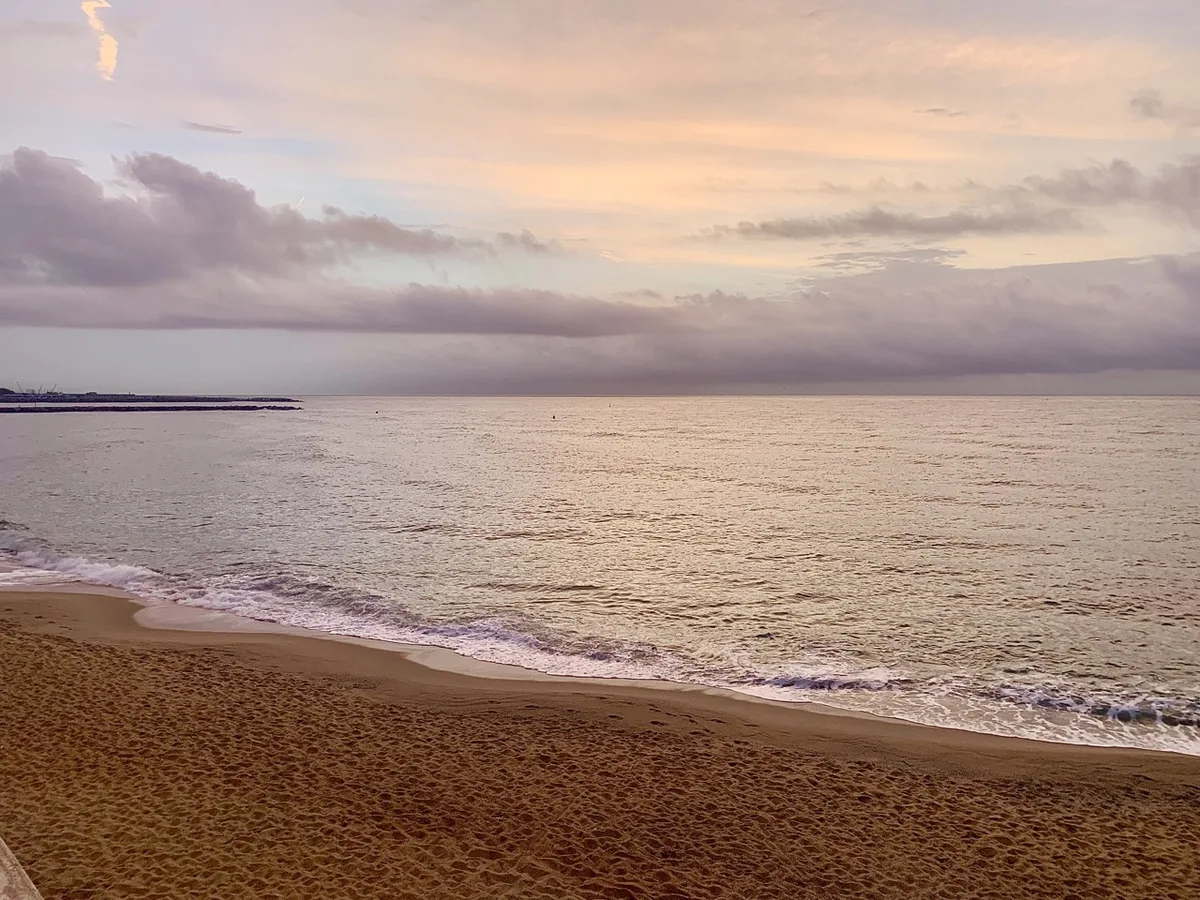 Spiaggia con le onde sotto un cielo rosa all'alba