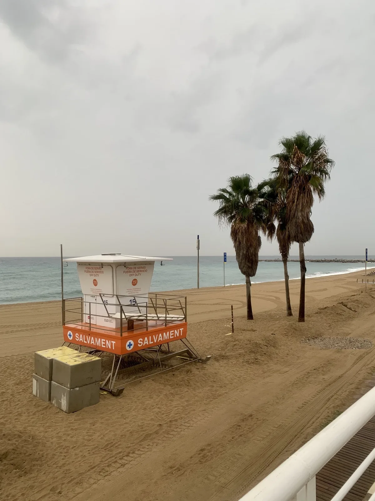 Torretta del bagnino e palme sulla spiaggia sotto un cielo grigio
