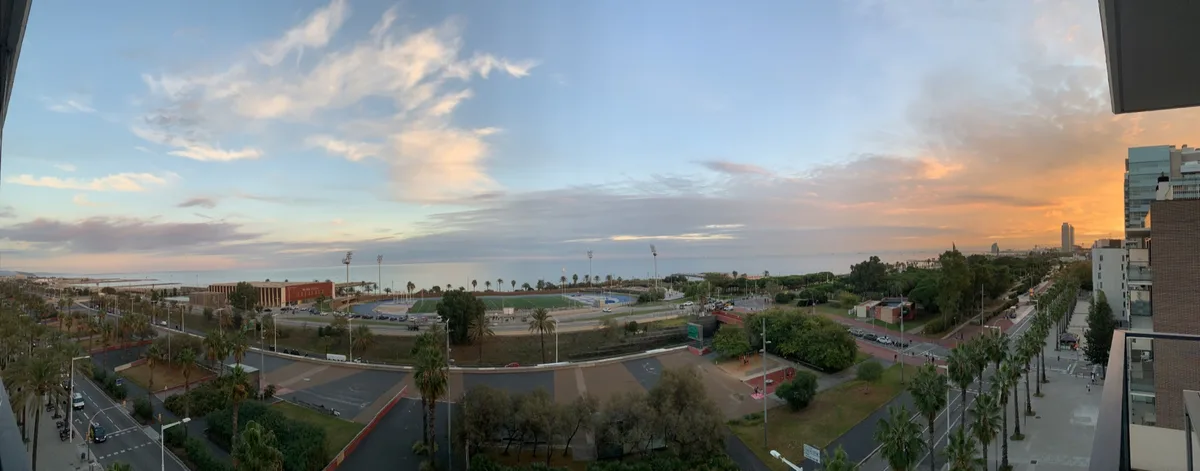 Panorama dal balcone su un parco con le palme al tramonto