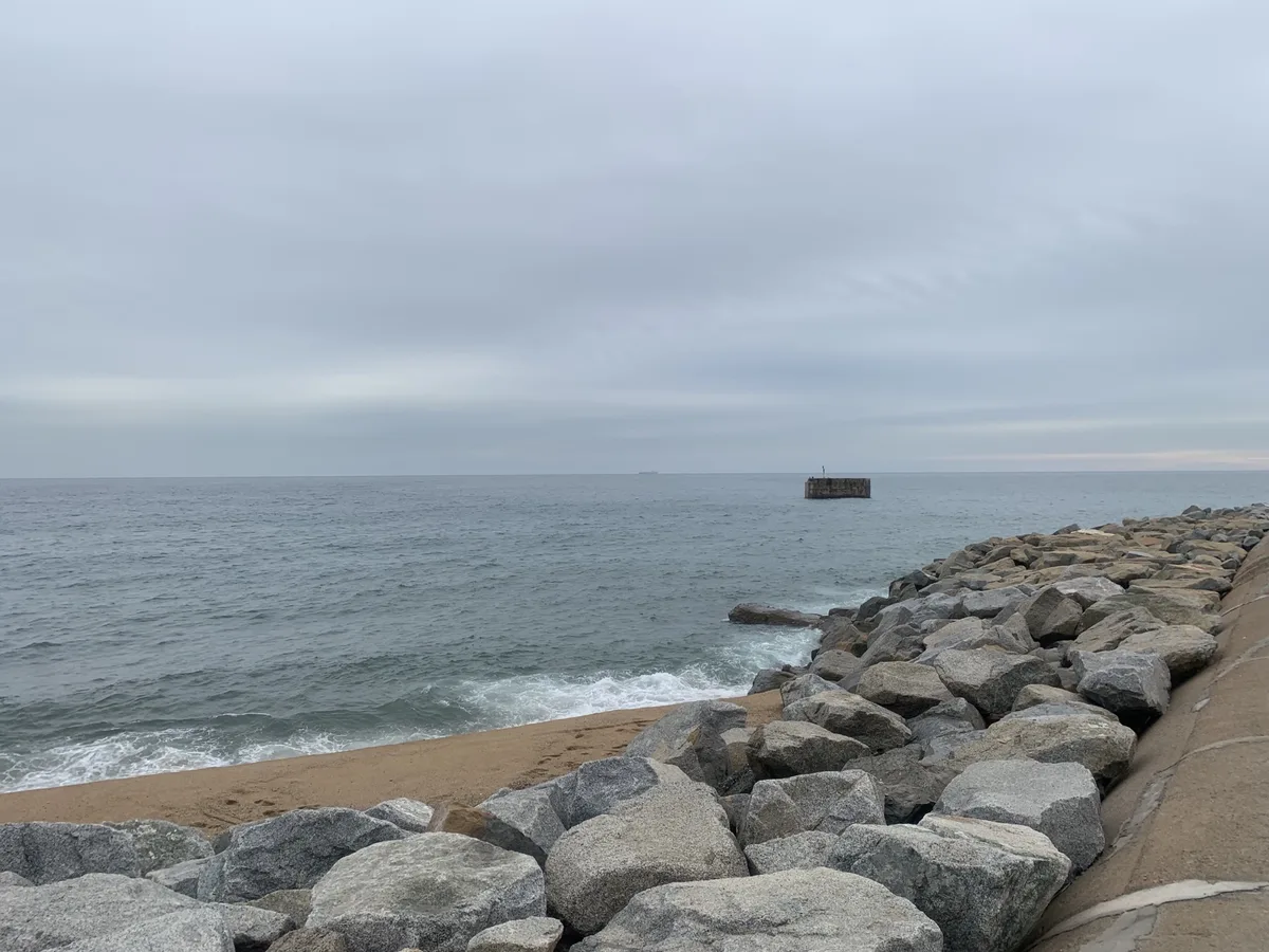 Scogliera di massi e onde sulla spiaggia sotto un cielo grigio