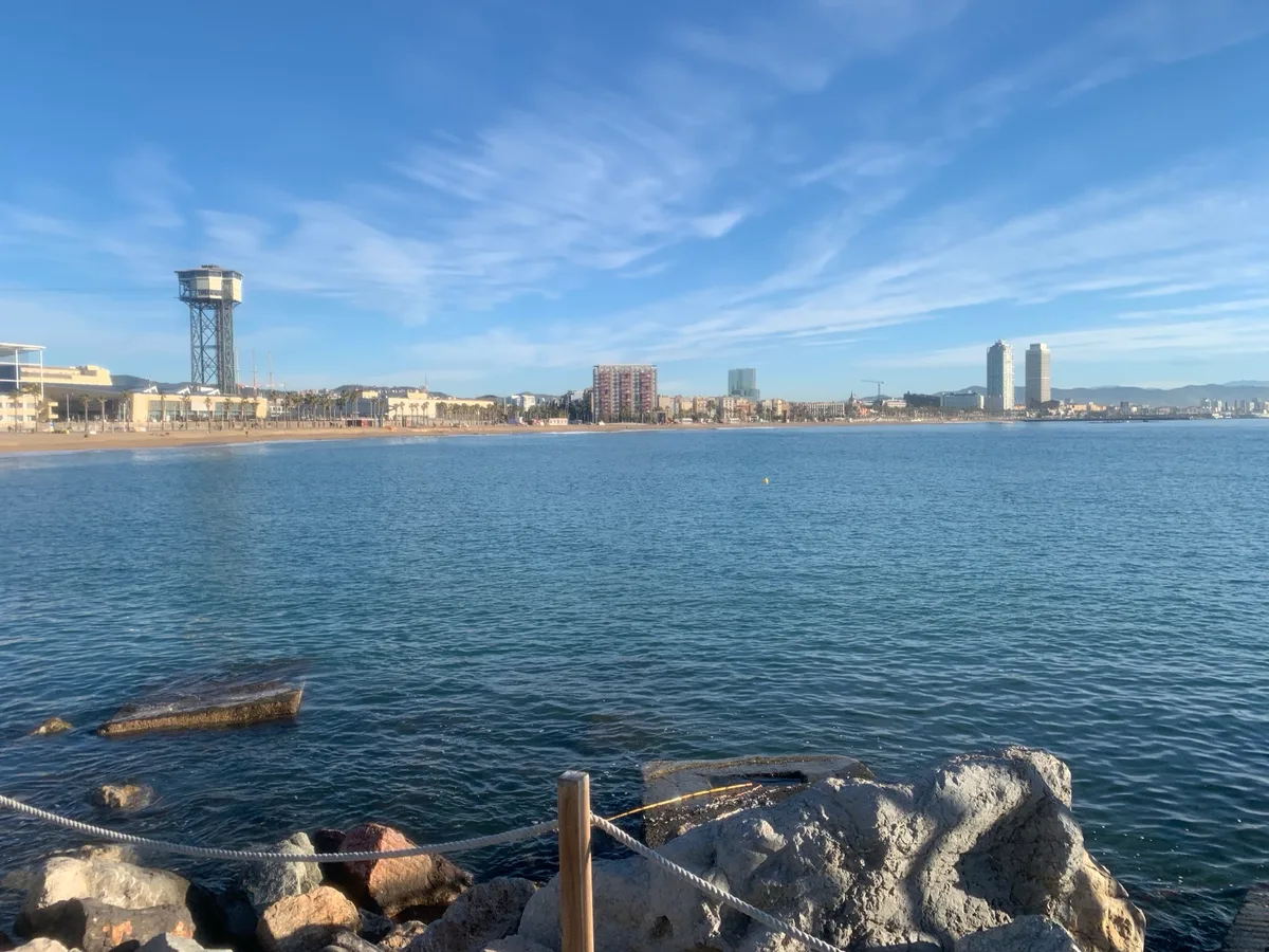 Baia di Barcellona vista dalla scogliera con la torre e i grattacieli sullo sfondo