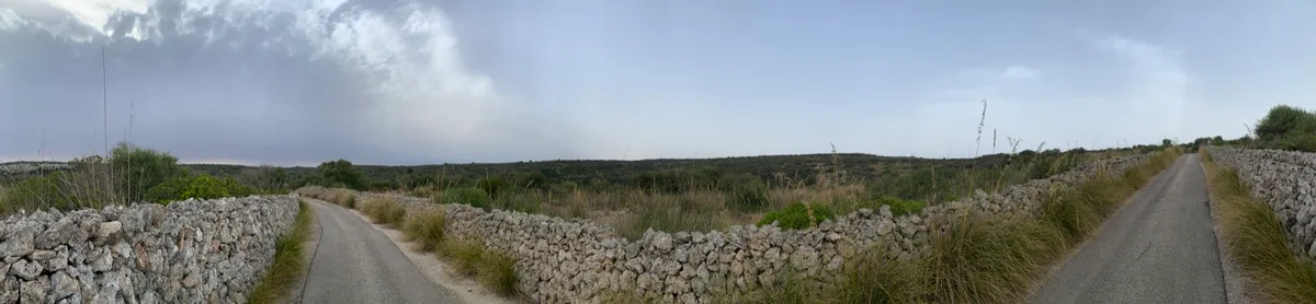 Panorama di una strada di campagna tra muretti a secco