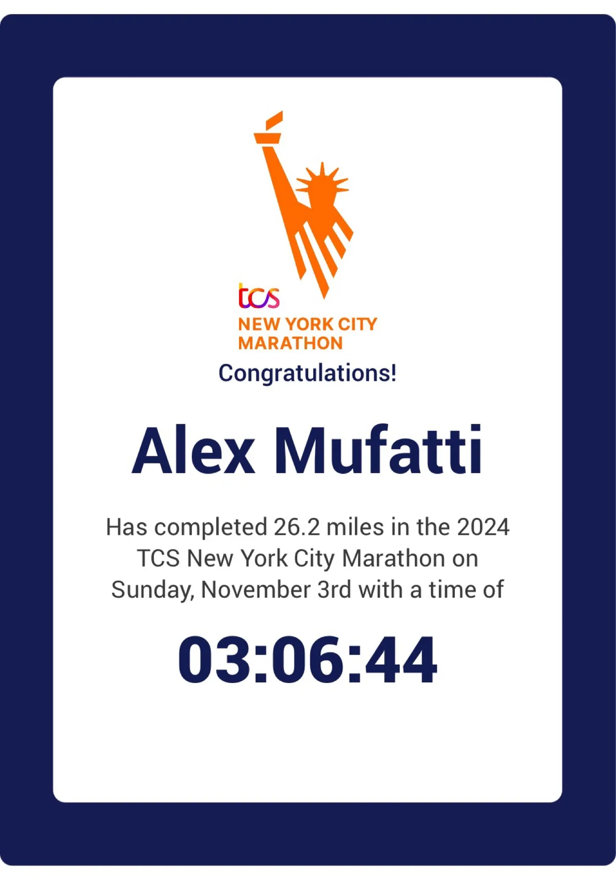 Certificato TCS New York City Marathon 2024 con il tempo di 3:06:44