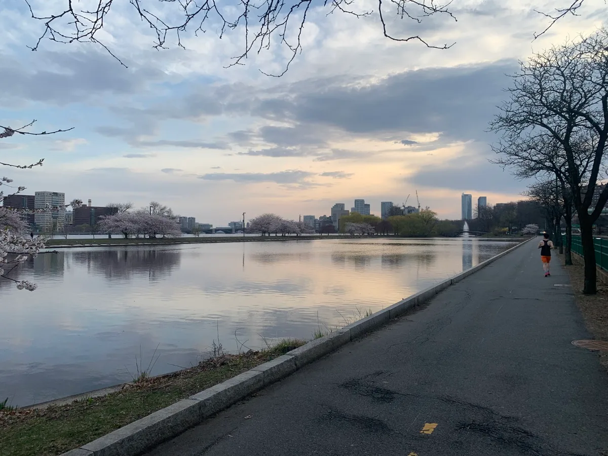 Fiume Charles a Boston con la pista ciclabile al tramonto