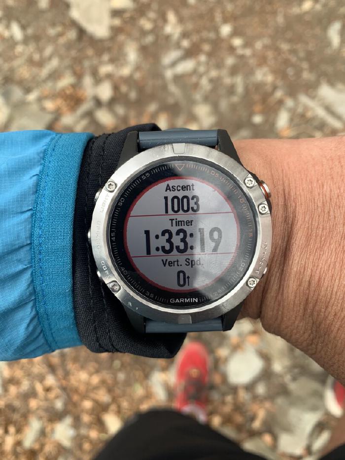 Garmin al polso con dislivello 1003, tempo 1:33:19